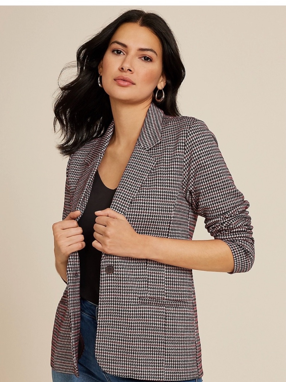 Maurices Houndstooth Blazer in Black, White & Burgundy